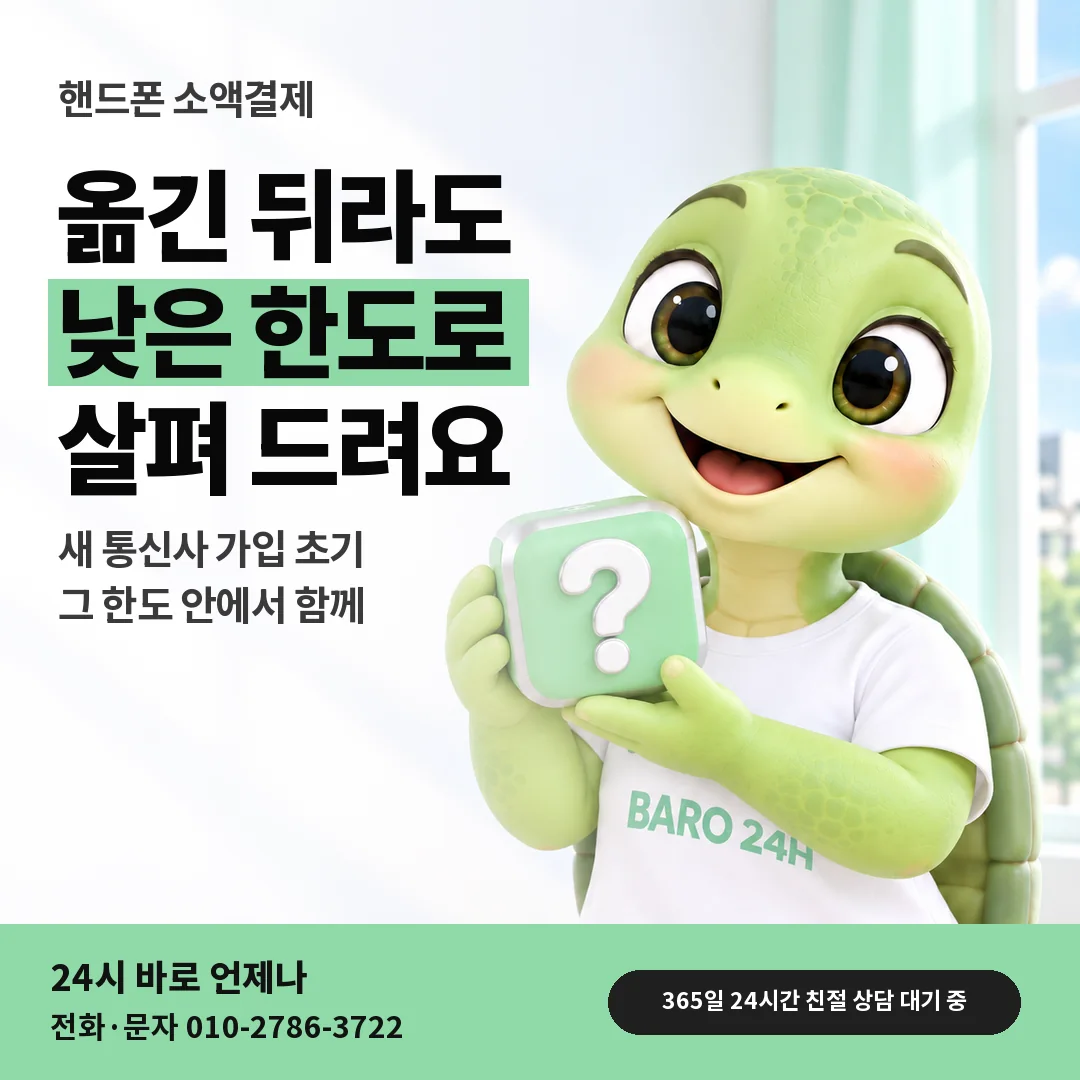 물음표 상자를 든 BARO 24H 티셔츠를 입은 3D 거북이 캐릭터 옆에 「핸드폰 번호이동 뒤 한도」 제목을 얹은 안내 카드